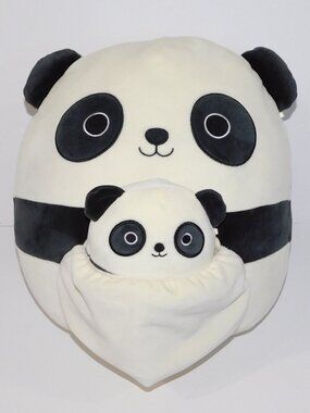 Squishmallows Stanley Panda Mom 12" and Baby 5" Pouch Bear Black White Plush Set